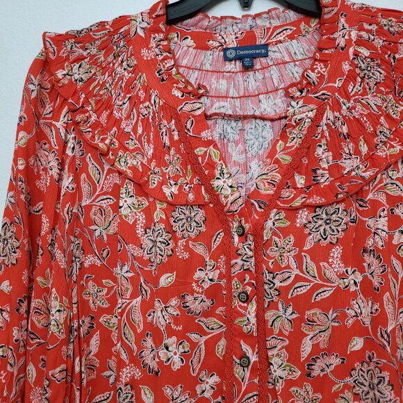 Democracy Poppy Red Multi Print 3/4 Sleeve Button Down Women's Top Size 2X - Picture 5 of 16